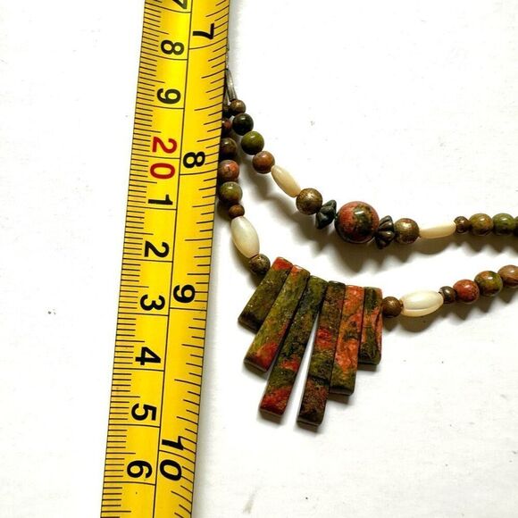 Unakite mother of pearl silver tone double strand  necklace - Picture 7 of 10